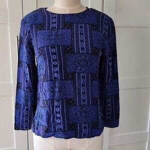 Vintage Blue Greek Key Tile Print Long Sleeve Silk Blouse Size Petite Small